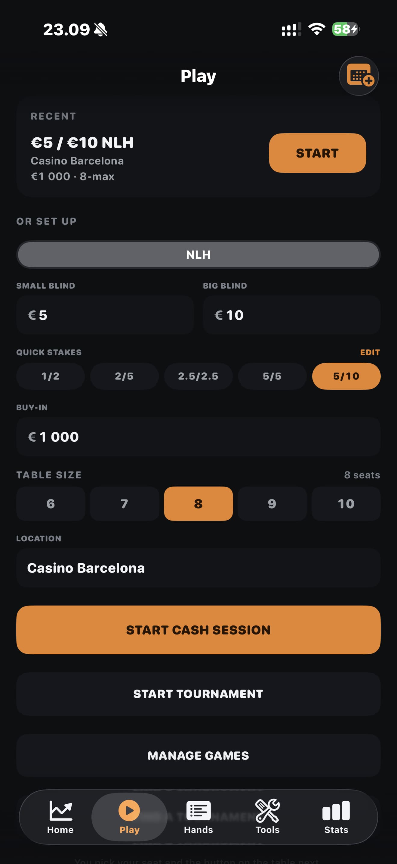 Donky session setup with stakes, buy-in, table size and venue options.