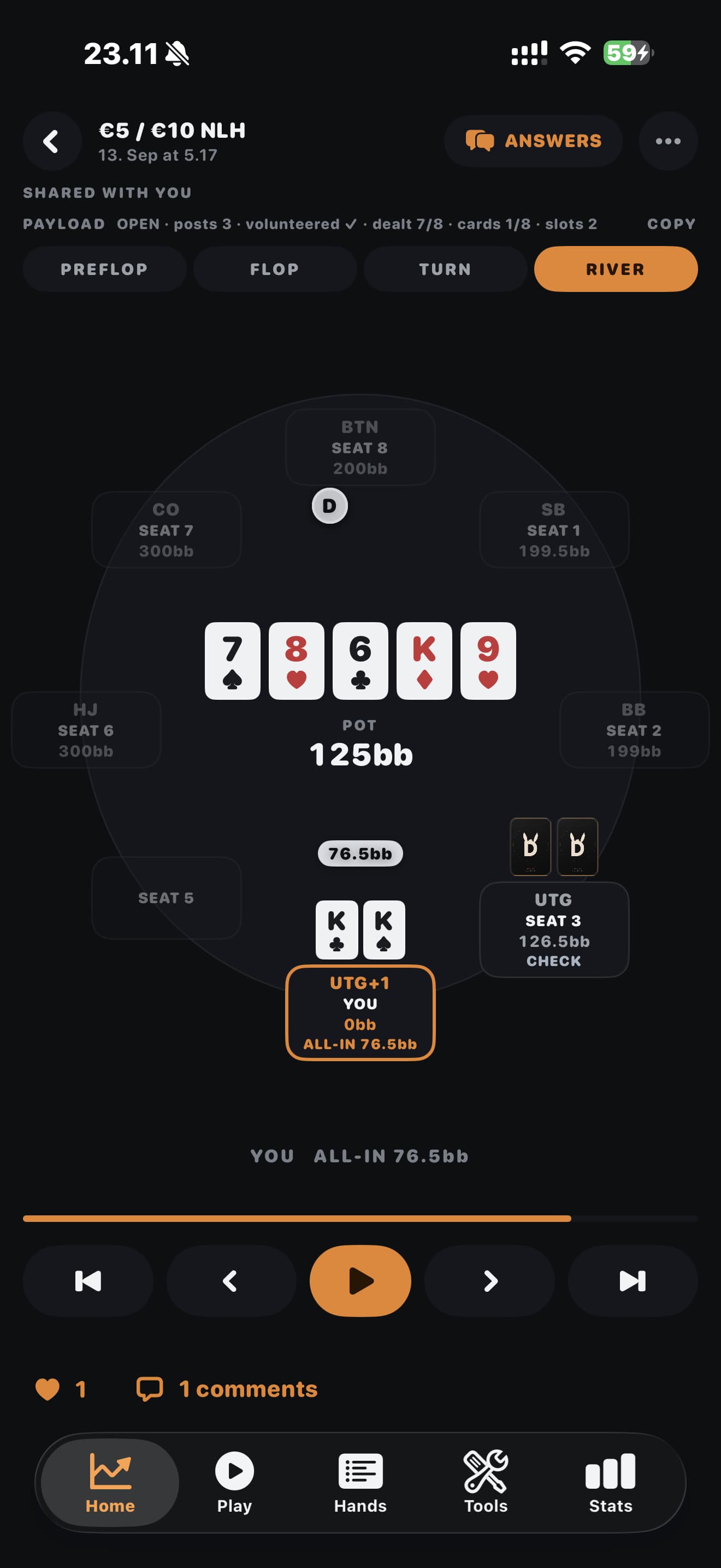 A hand shared in Donky, with the full poker table, street navigation, playback controls, a like and a comment.